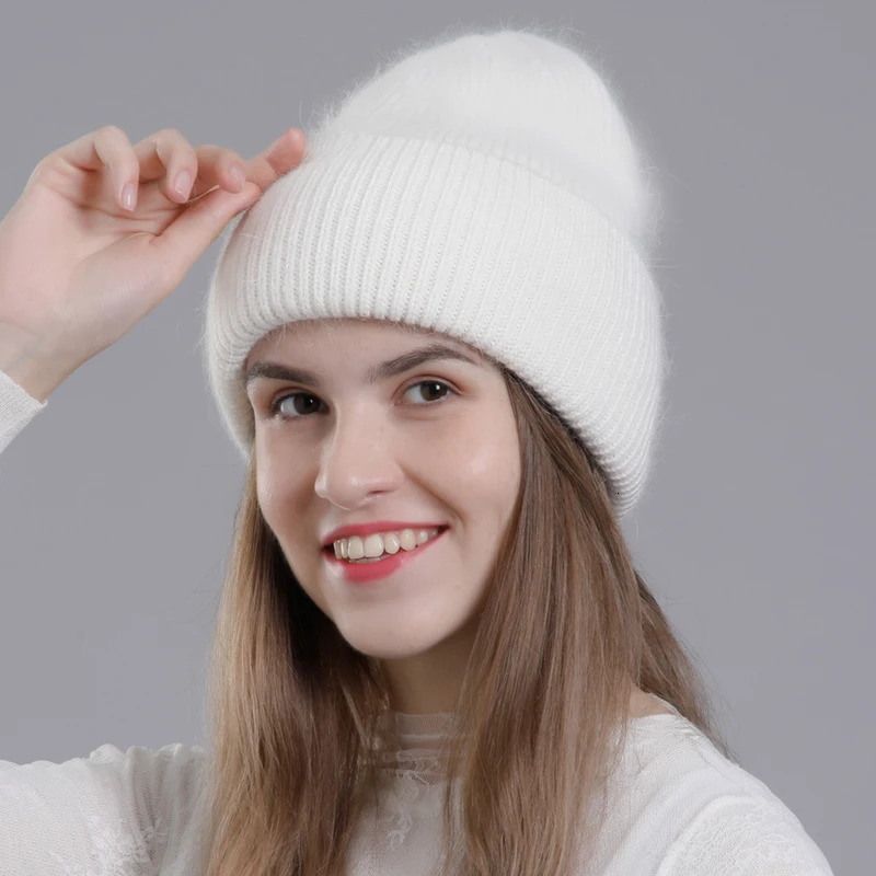 Rabbit Fur Hat Winter Warm Beanies For Women Fashion Cute With Decorate Rhinestone Cap Female Casual Knitted Hats 250724