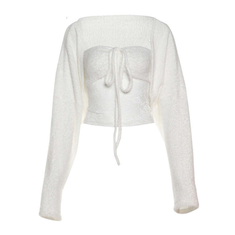 2024 Autumn New Women's Solid Color Slim Fit Tube Top Vest Fashion Long Sleeve Cardigan Two-Piece Set d70