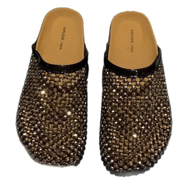 French Style Rhinestone Thick-Soled Closed-Toe Mules for Women Summer 2025 New Korean Version Slip-On Flat Sandals ddmythur