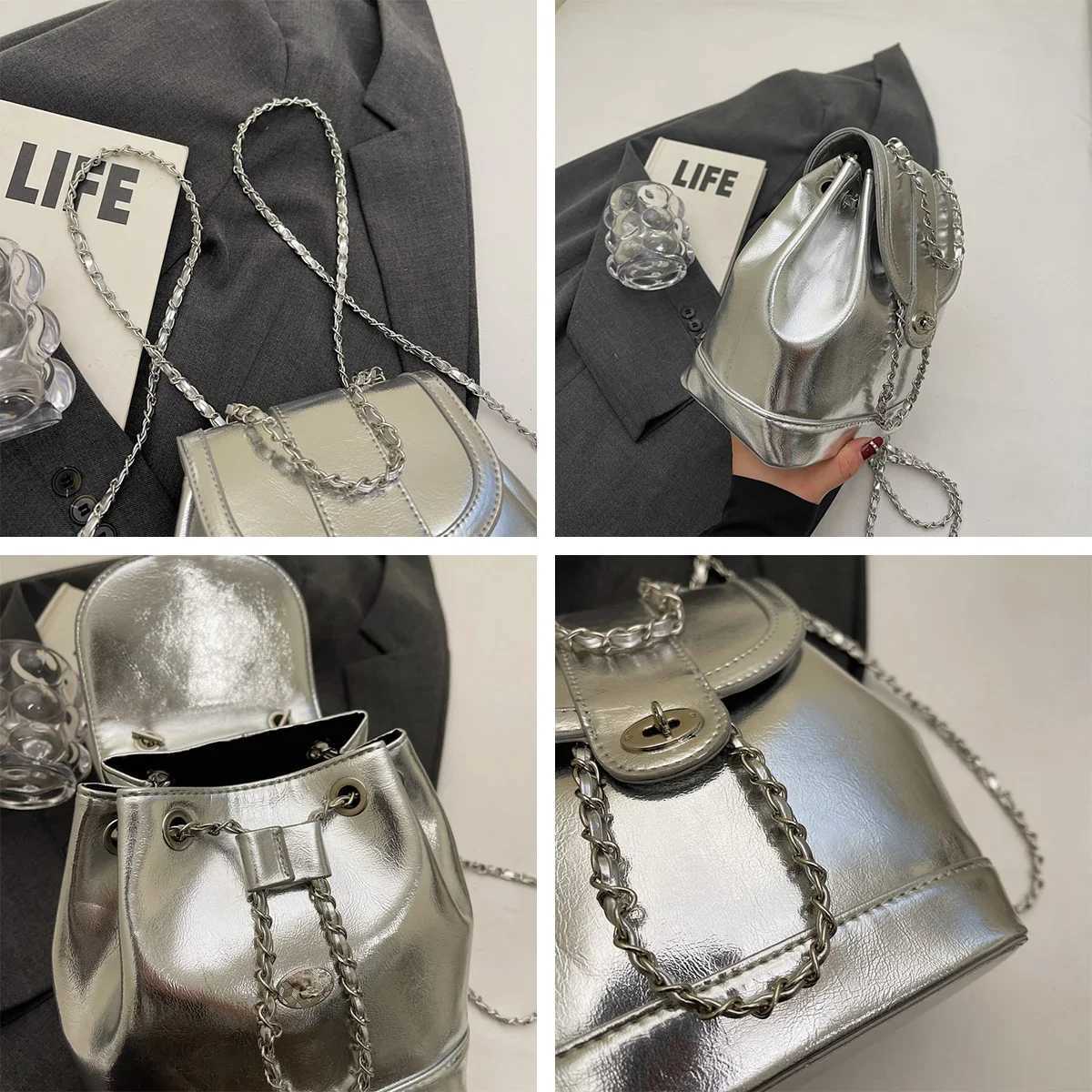 Large Capacity Wens Backpack Fi PU Leather Lightweight Solid Color Flap Lock Chain Strap Shoulder Bag Essential for Women Y250724