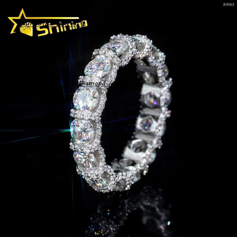 New Arrivals 925 Sterling Silver Pass Diamond Tester Round 4.25mm Side Iced Out Eternity Moissanite Ring