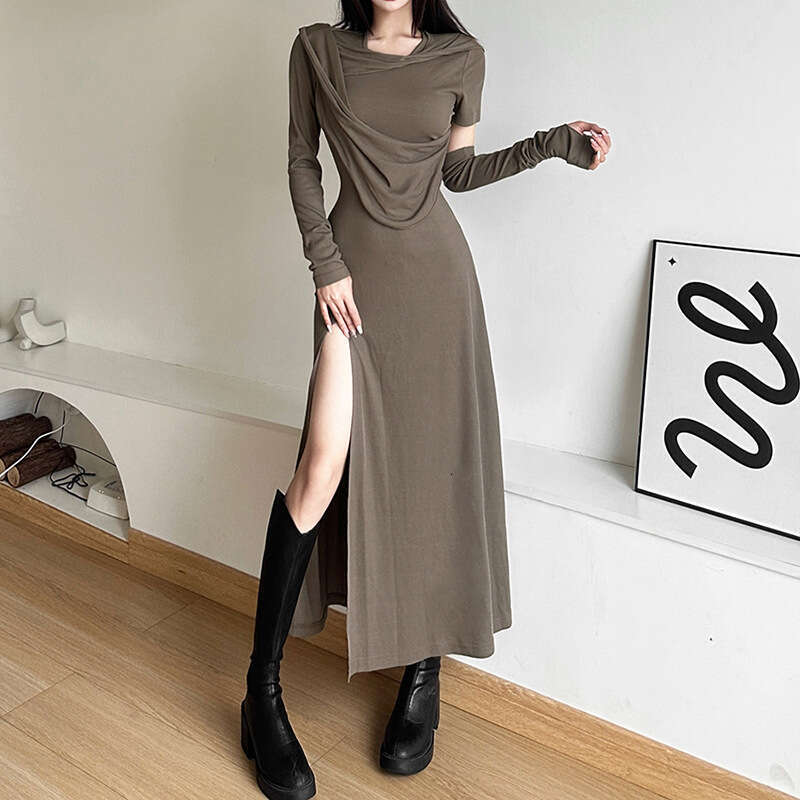 2023 Autumn New Women's Solid Color Slim High Waist Fashion Hooded Long Sleeve Split Dress a4e