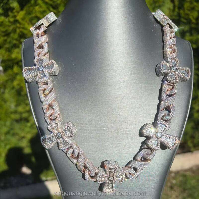 Customized Cross baguette Moissanite Heavy Cuban Link Sterling Jewelry Charms Sier Chain Hip Hop Necklace