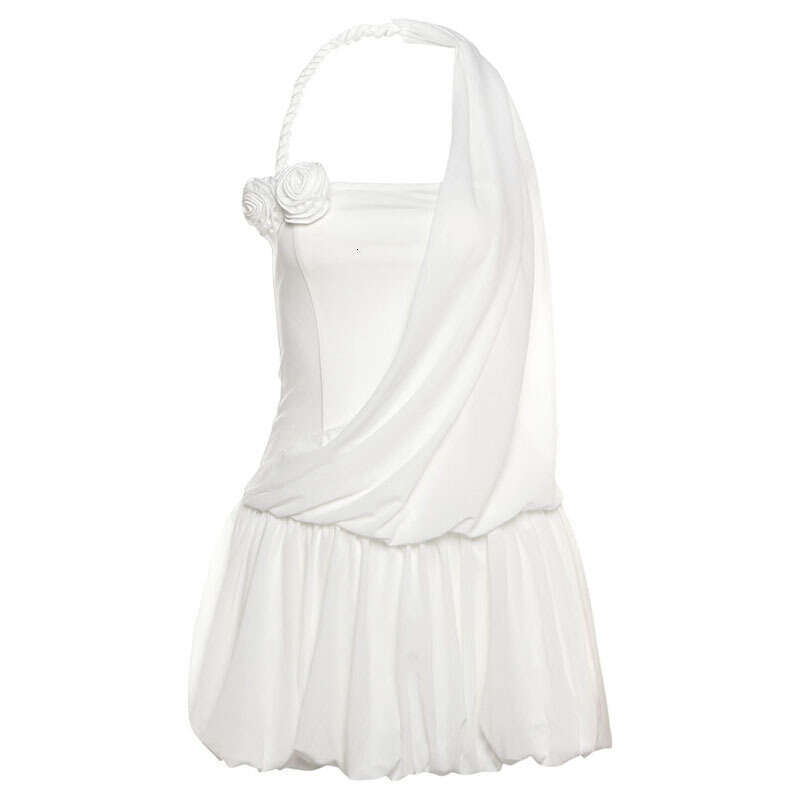 2025Ins Summer New White Strap Waist-Cinching A-Line Slimming Short Dress for Women 302