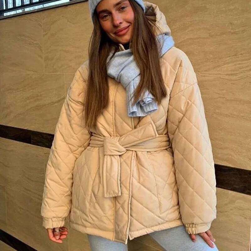 Autumn Winter Hooded Cotton Jacket Parkas Women Slim Waist Long Sleeve Coat Outwear Female Single Breasted Lace Up Down Jackets