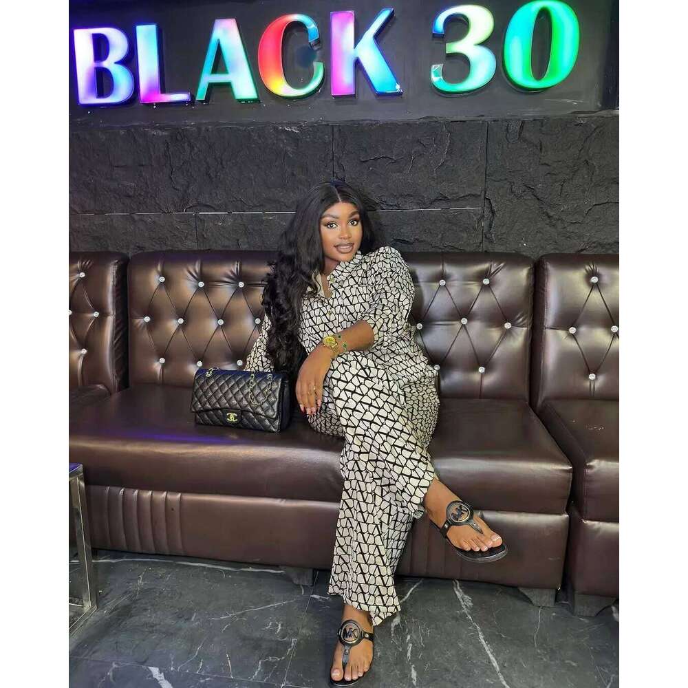 Designer Leisure High Quality Fashion Printing Two Piece Set Spring Women Long Sleeves Lapel Shirt+High Waist Loose Wide Leg Pants Autumn Female Outfi