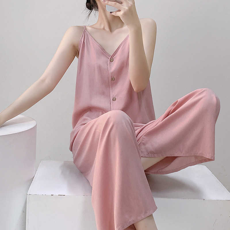 Women's light luxury cotton silk pajamas, two-piece set for spring, summer and autumn, loose and simple, plain color, halter top and cardigan set