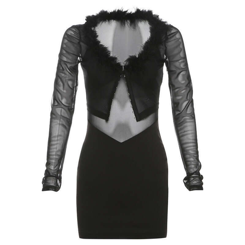 2024 Autumn New Women's Solid Color Slim High Waist Fashion V-neck Long Sleeve Mesh Dress 268