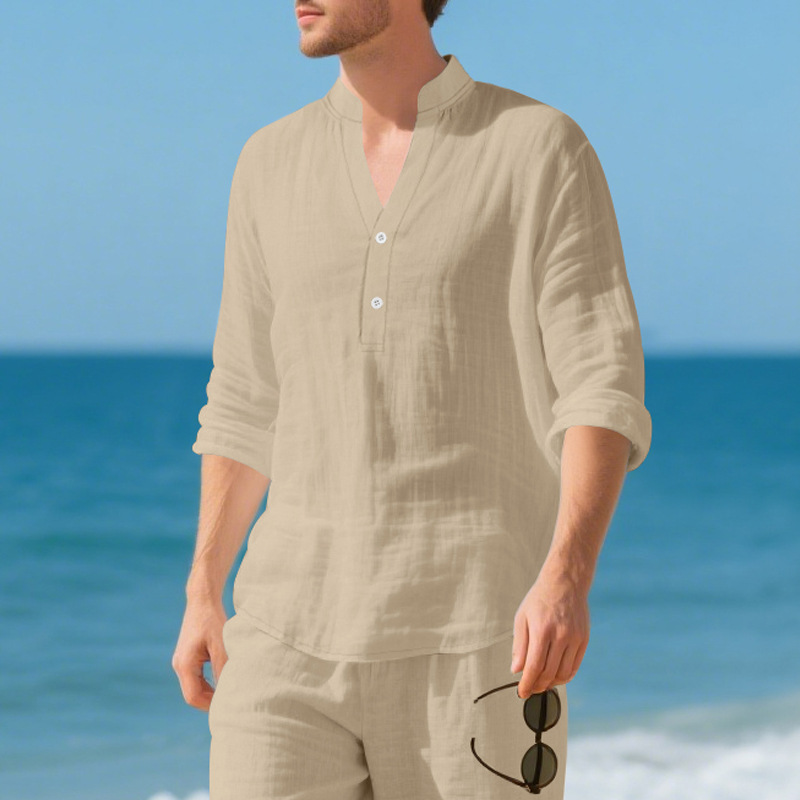 Men's linen shirt stand collar buckle loose casual breathable V-neck Henry shirt long sleeved T-shirt men European size: S-3XL