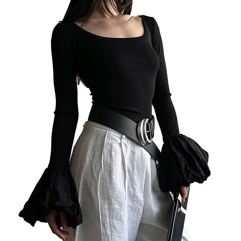Ytp494 Women's Autumn New Color-Block Off-Shoulder Two-Way Puff Sleeve Top B5