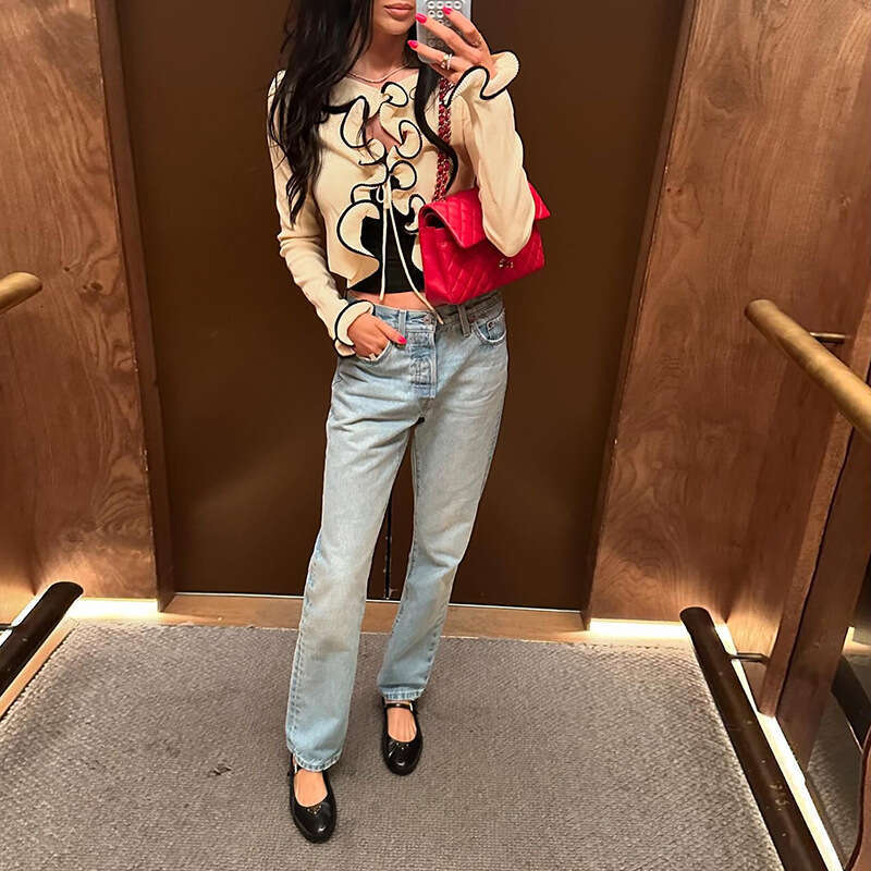 Autumn New Hot Girl Style Cardigan Lace-up Crop Sexy Long Sleeve Wave Edge Short Women's Top 3c4