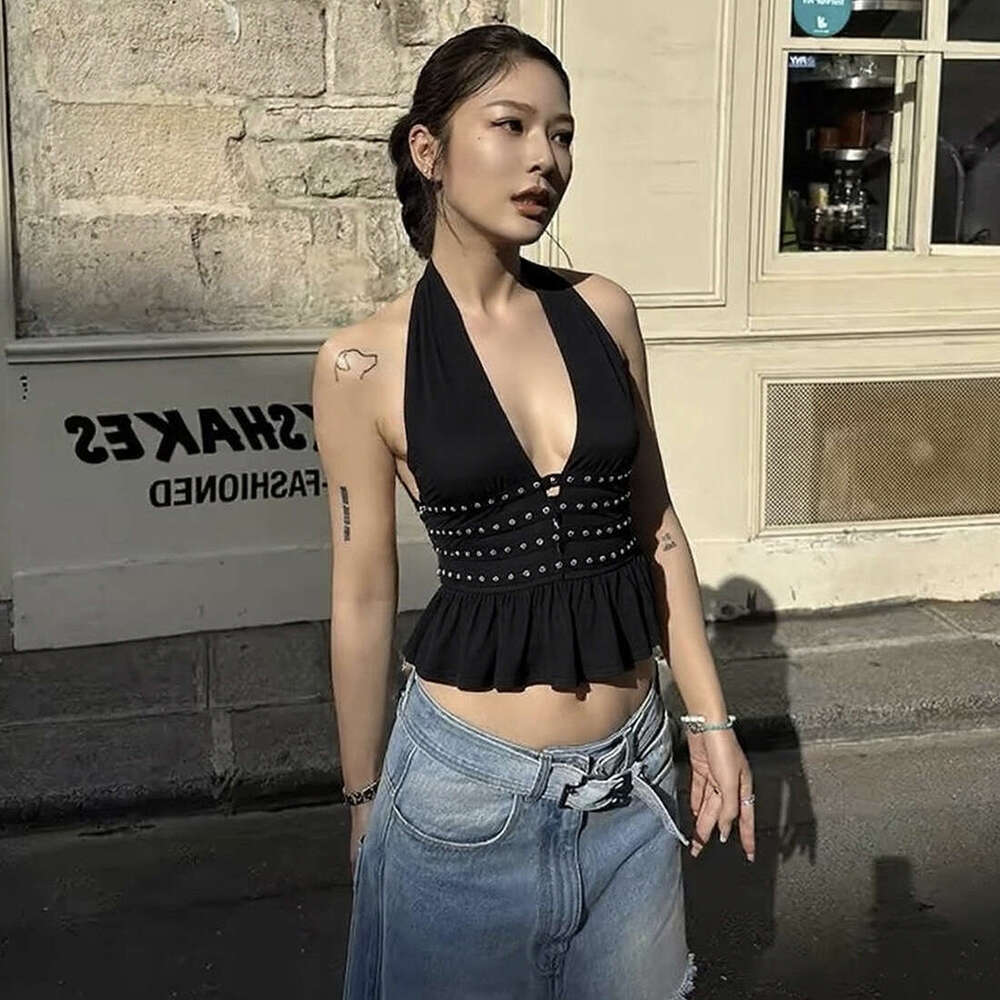 2025 Summer New Deep V Neck Sexy Hot Girl Slim Fit Versatile Hollow Out Backless Top Women's Clothing 15c
