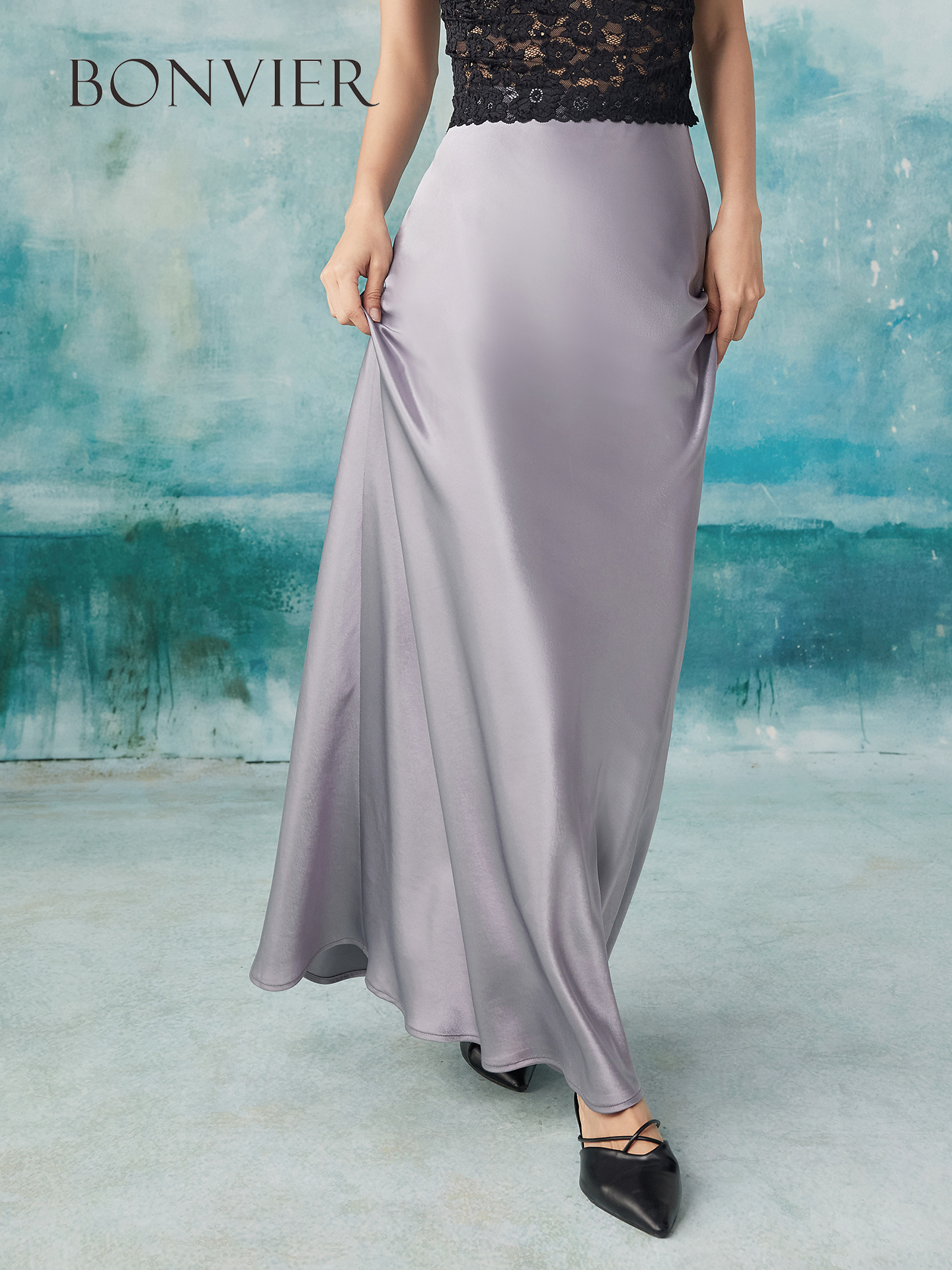 2025 Summer New High-Waist Slimming Elegant A-Line Skirt in Silky Satin High-End Design 6111805