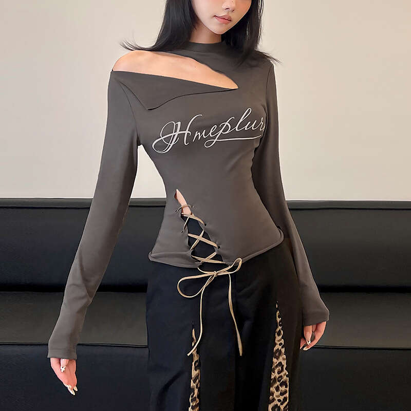 2024 Autumn New Women's Solid Color Slim Street Fashion Asymmetrical Neck Long Sleeve Printed Top d97