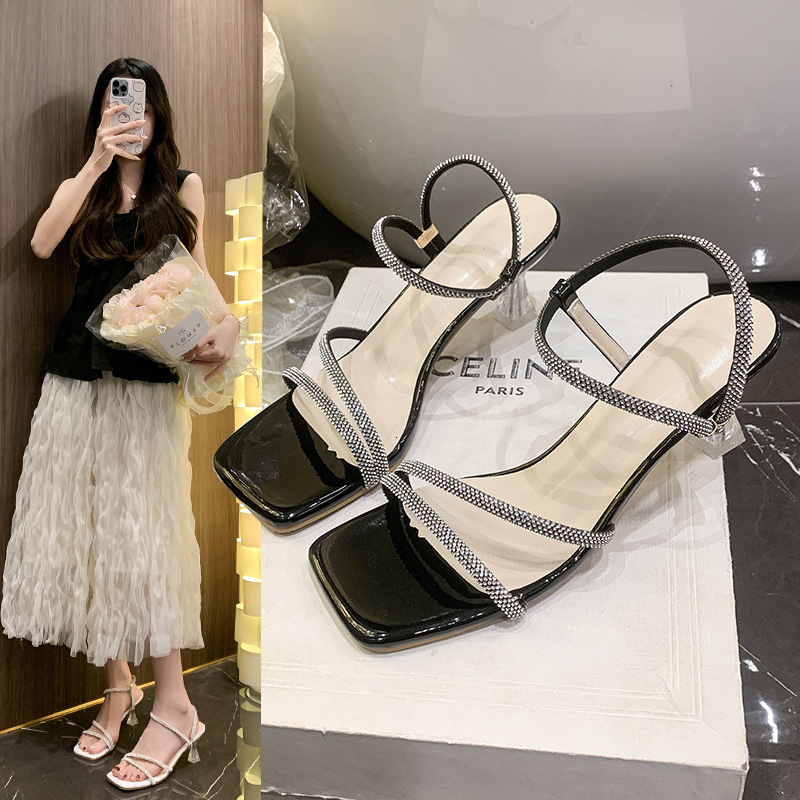 Ddmysports Fengliang Diamond Sandals For Women Summer New French Rhinestone Fashion Chunky Heel Fairy Style High Heels Outdoor Shoes