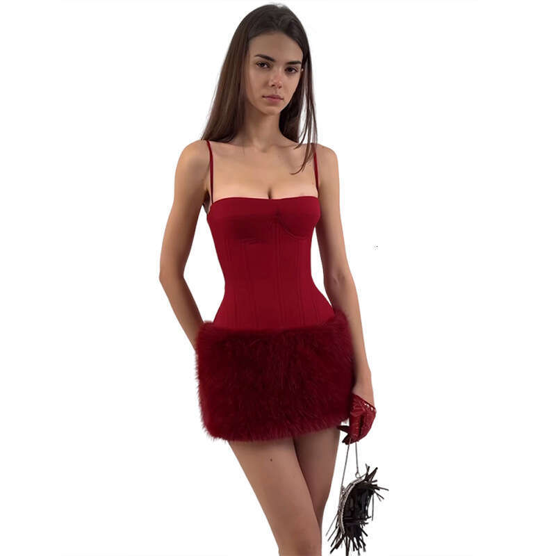 2024 Autumn Winter New Fashion Sexy Strapless Plush Bodycon Dress for Women 782