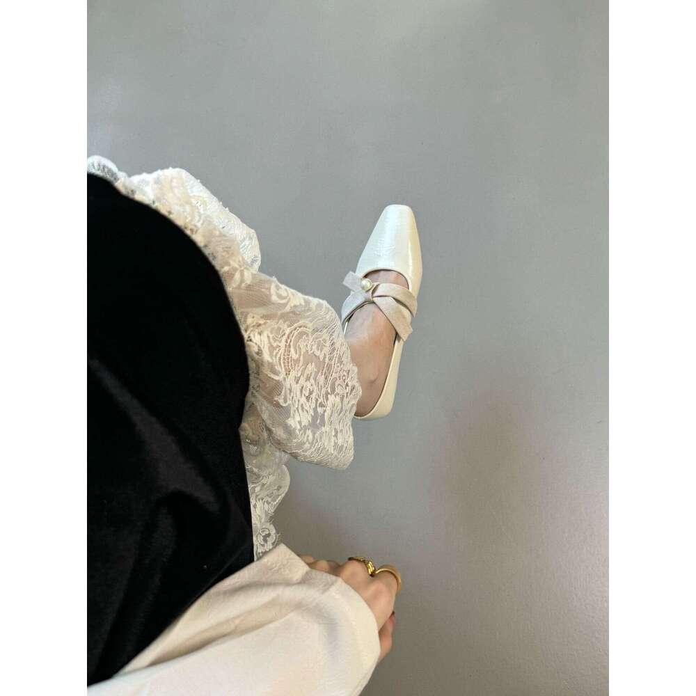 Square Toe Single Women, Chunky Heel, Comfortable French Style High Heels, Elegant Pearl Cross Strap Shoes for Women