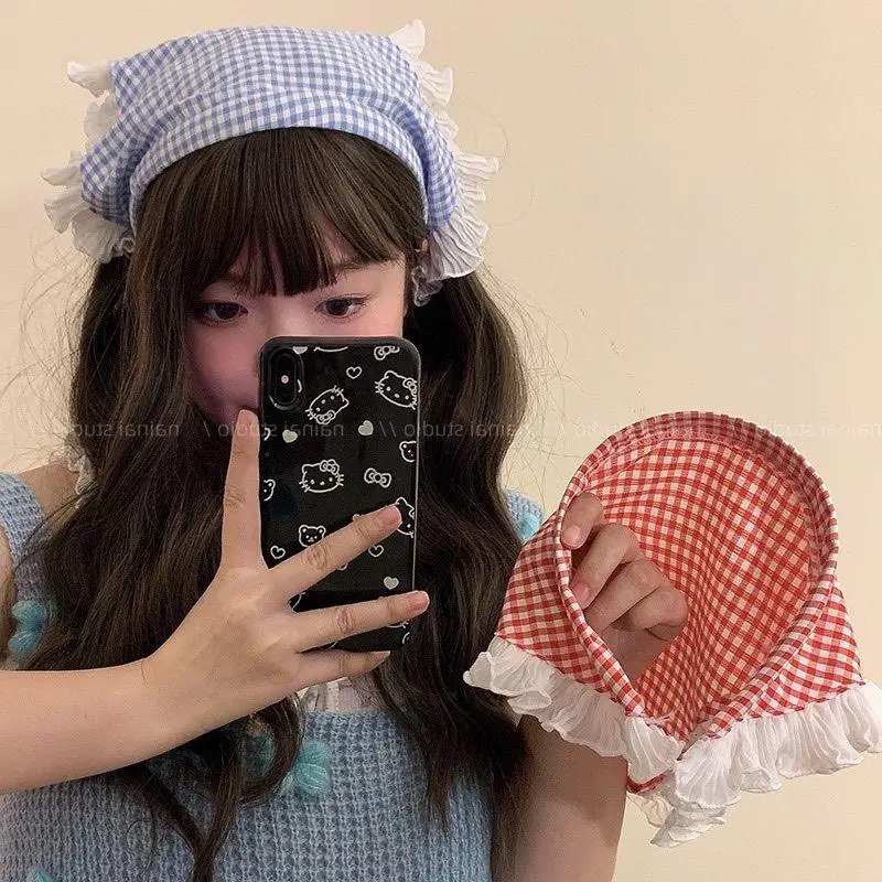 Summer Lace Triangle Headscarf Woman Headwear Colorful Plaid Triangular Hair Scarf Headband Hair Accessories Sweet Turban Cap 250723