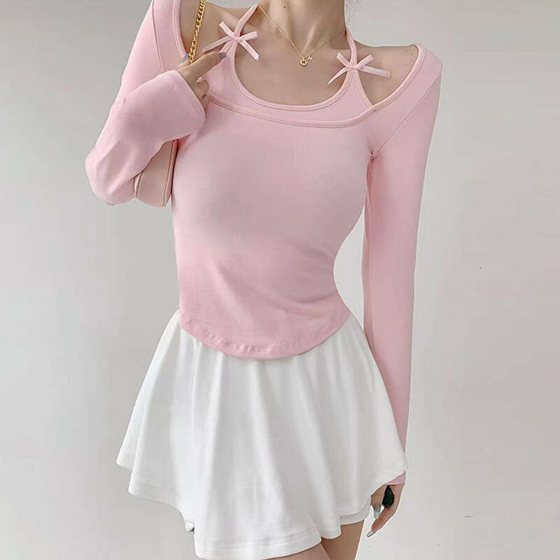 Y23tp571 Women's Fashion Autumn Ins New Solid Color Halter Neck Tie Long Sleeve Bow Top T-Shirt For Women B5