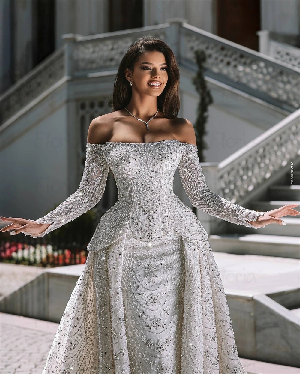 Elegant Wedding Dresses Off Shoulder Beading Bridal Gowns with Overskirt Sequins Rhinestone Mermaid Backless Customized Vestidos De Novia Plus Size