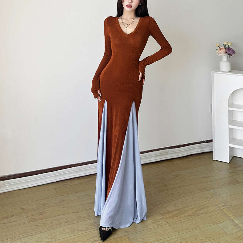 2024 Autumn New Fashion Solid Color Long Sleeve V-Neck Sexy Slim Fit Slit Dress df5