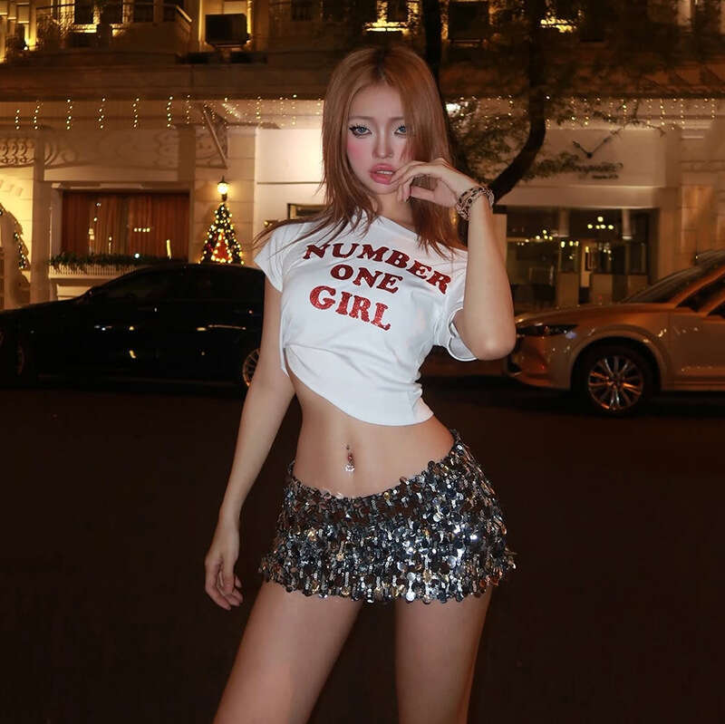 2025 Spring New Women's Fashion Solid Color Slim Street Style Round Neck Short Sleeve Printed Top 958