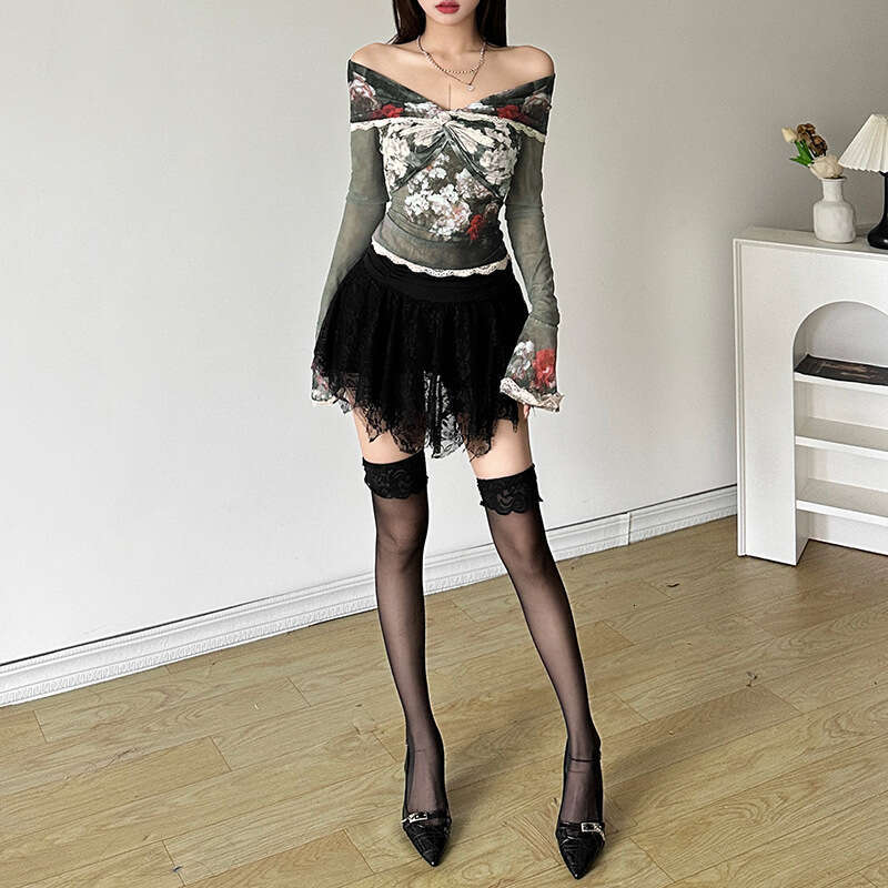 2024 Autumn New Women's Solid Color Slim Fit Fashion Off-Shoulder Long Sleeve Backless Sheer Top af4