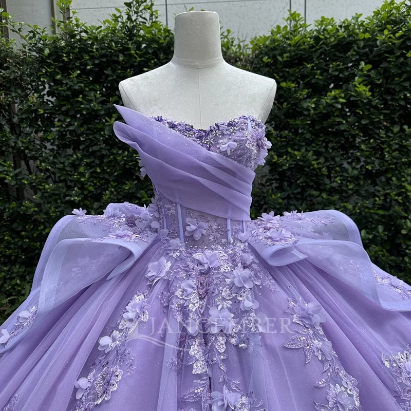 Lavender Shiny Quinceanera Dresses Off Shoulder Ball Gown Sweet 16 Dress Applique Flower Beads Tull Birthday Party Vestidos 15 Anos