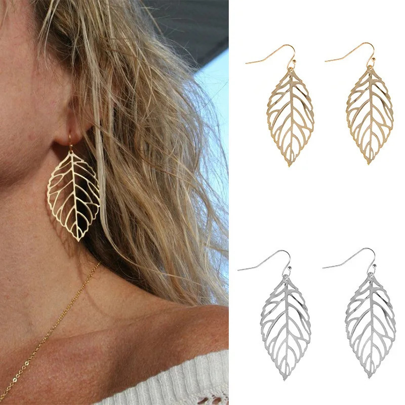 Hollow Out Leaf Drop Earrings for Women Trendy Metal Hook Vintage Golden Silver Color Dangle Brief Jewelry 250715