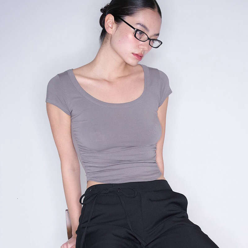 Y24tp293 Women's Summer New Solid Color Round Neck Sexy Slim Fit Ruched Short Sleeve Top B5