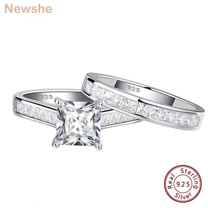 Newshe 2-piece Classic Womens Wedding Ring Set 7 * 7mm Princess Cut AAAA Zircon 925 Pure Silver Engagement Ring Jewelry W250417