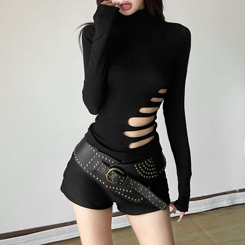 2024 Autumn New Women's Fashion Solid Color Slim Street Style Round Neck Long Sleeve Hollow Out Top e72