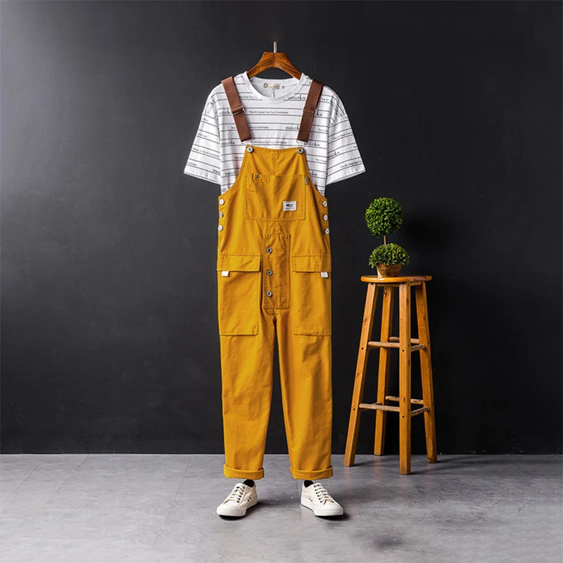 Spring Overalls Mens Bib Jumpsuits Cotton Multi Pocket Straight Loose Casual Pants Clothing Hip Hop Coverall Yellow Trousers 250725