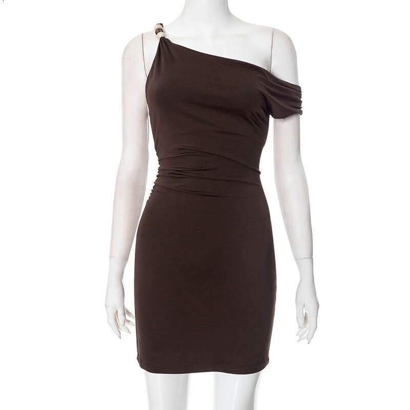 F25ds045 Women's Summer New Solid Color Asymmetric One-Shoulder Sexy Bodycon Dress B5