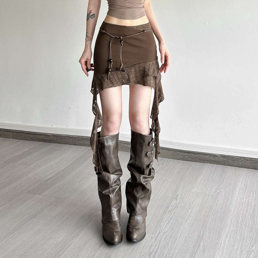 2025 Summer New Irregular Lace Ribbon Slim Fit High Waist Versatile Women's Skirt c47