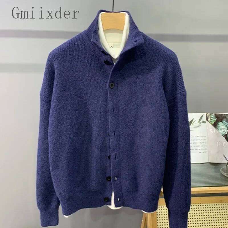 Hip Hop Urban Style Sweater Cardigan Korean Grunge Button Jacket for Men Winter New Half Turtleneck Solid Knitted Coat