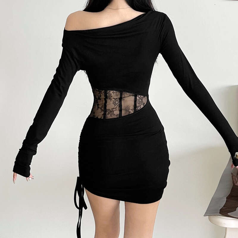 2024 Autumn Winter New Women's Solid Color Slim High Waist Fashion Asymmetrical Neck Long Sleeve Ruched Dress 0db