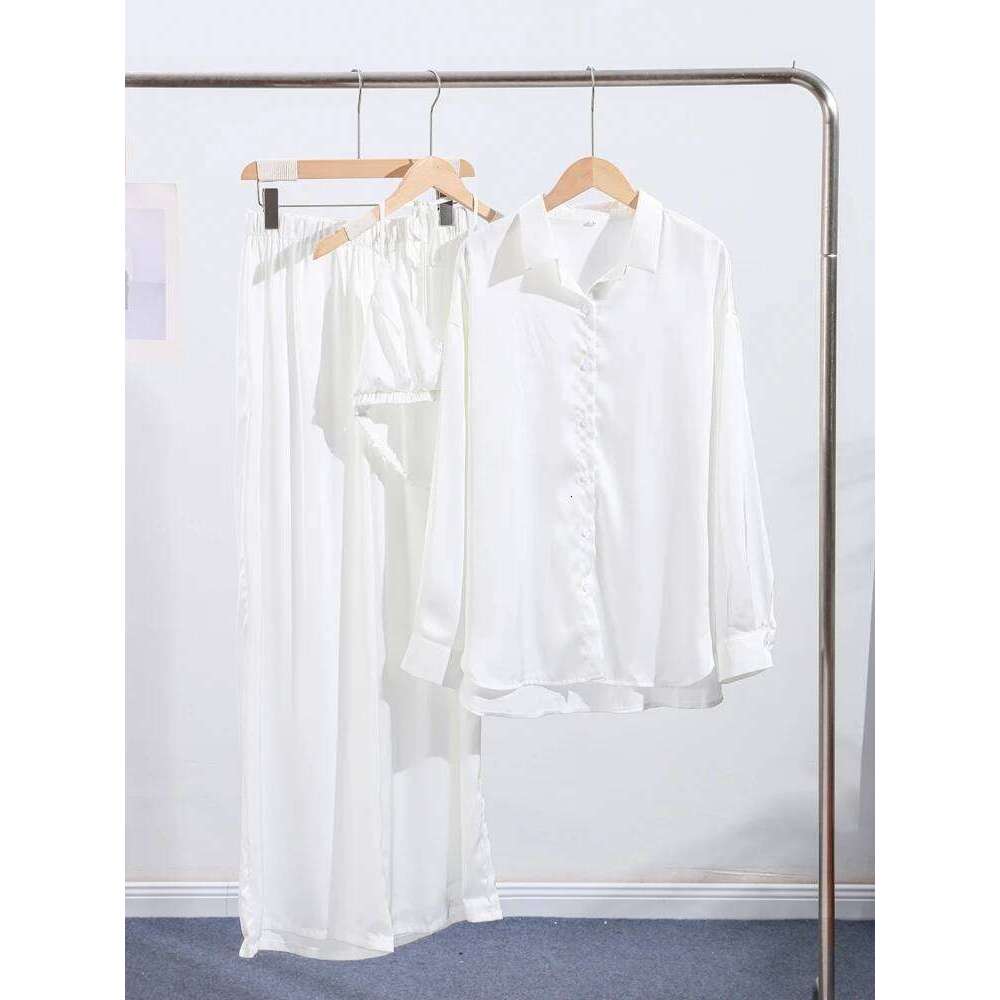 Designer Leisure High Quality Elegant Silk Shirt Bra Pants Sets 3 Pieces Women Casual Single Breasted Lapel Loose Shirts Corset Straight Trousers Suit