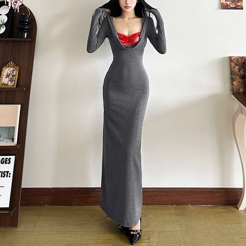 2024 Autumn Winter New Women's Solid Color Slim High Waist Bodycon Fashion Square Neck Long Sleeve Dress c47