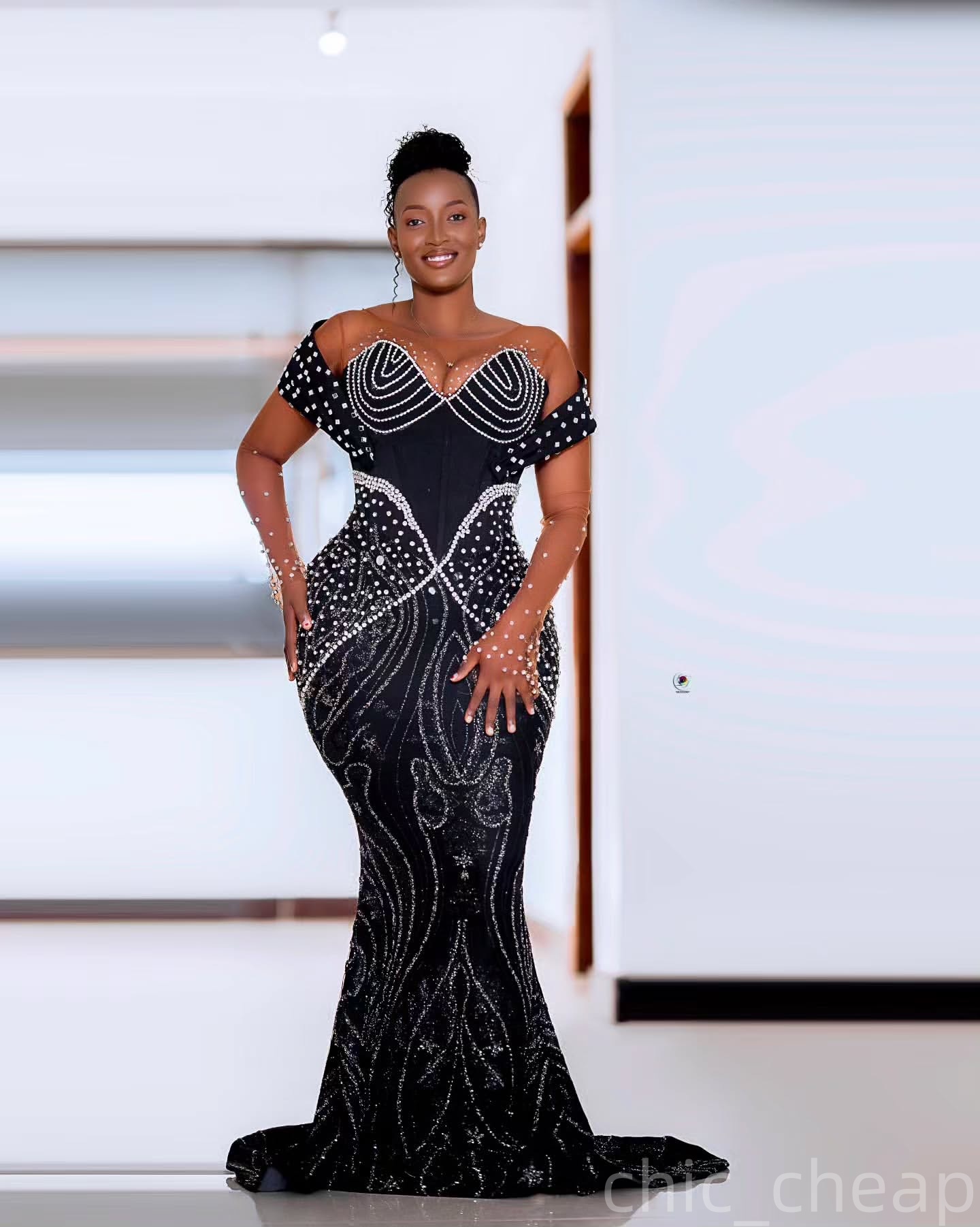 Mermaid Black Prom Dresses 2025 Pearls Crystals Sequined Sheer Neck Evening Formal Party Second Birthday Engagement Gowns Plus Size Dress For Special 