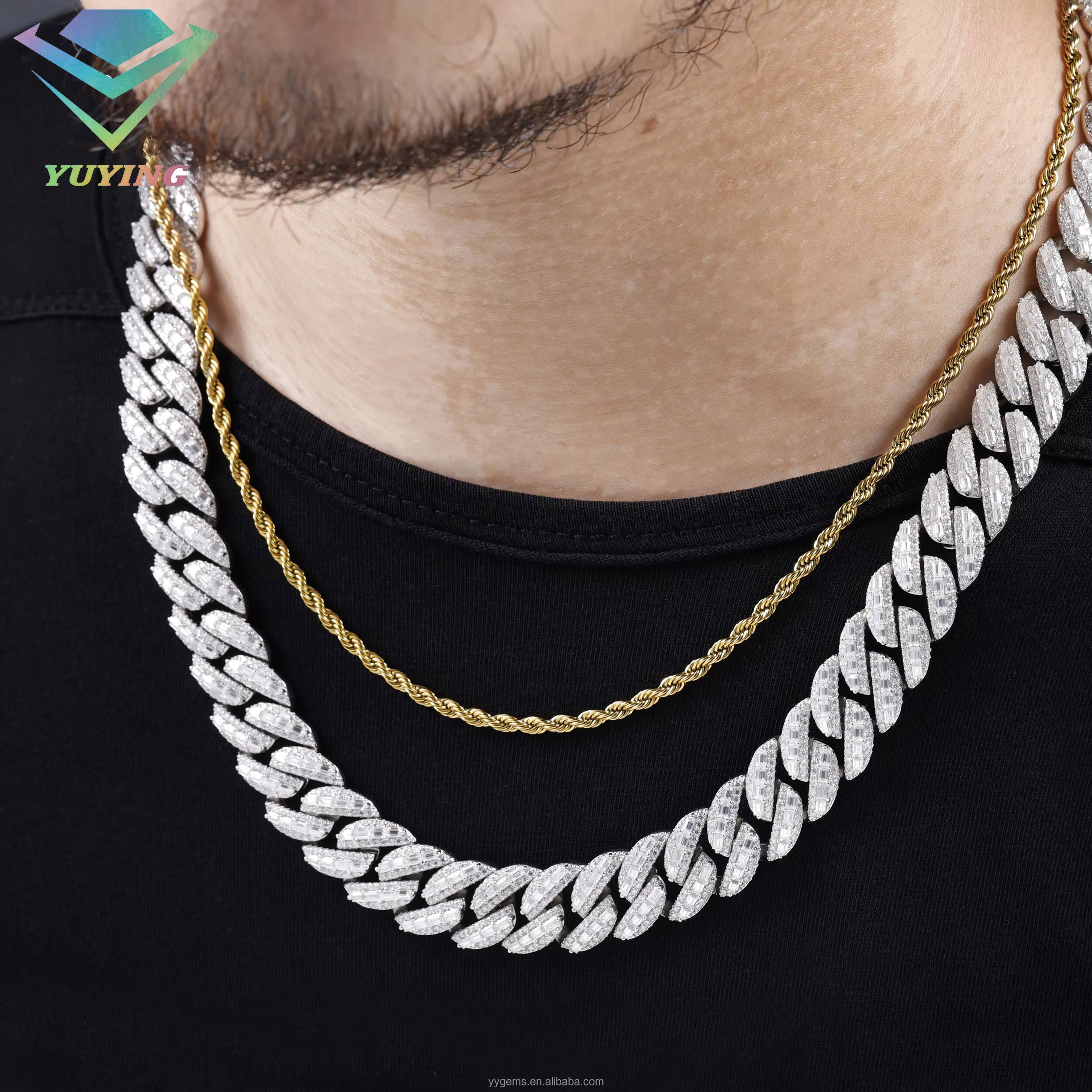 RTS Luxury Necklaces 15mm 18mm S925 Sterling Silver Baguette Moissanite Diamond Cuban Link Chain Hip Hop Necklace