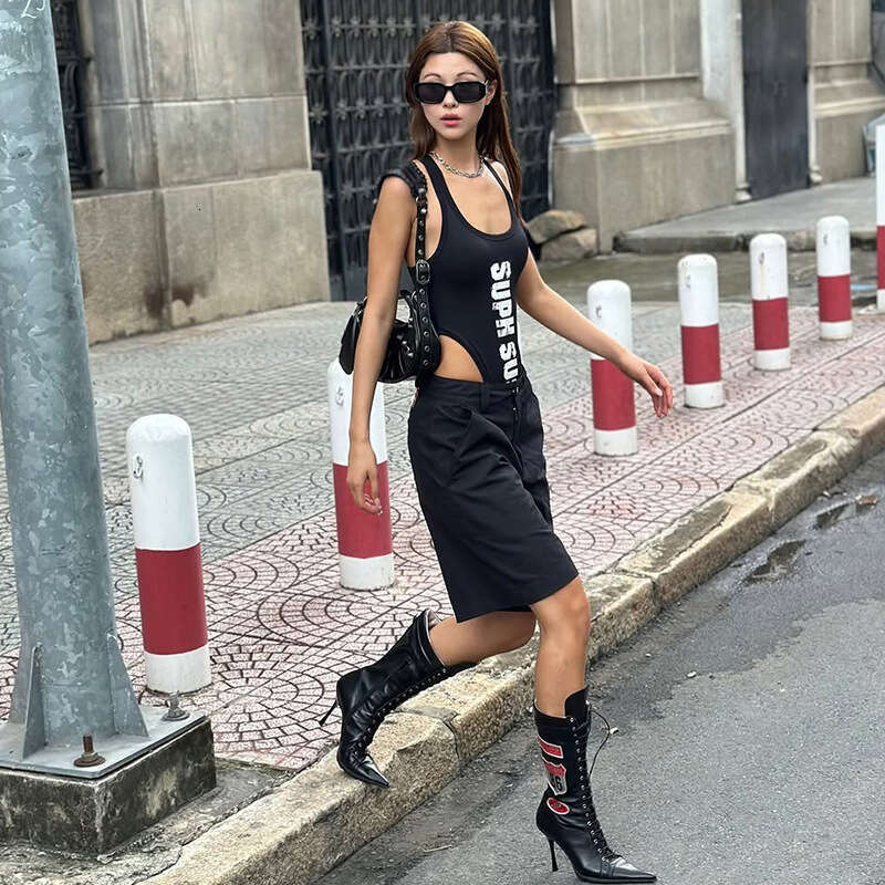 2025 Spring New Women's Solid Color Slim Street Fashion Strap Printed Sleeveless Jumpsuit eb4