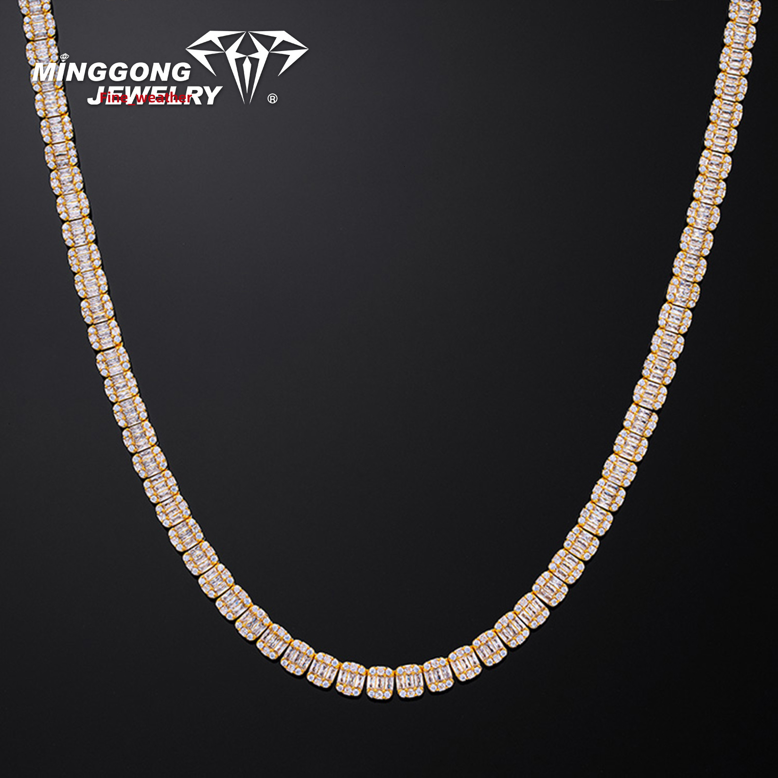 High Quality Unique Yellow Gold Finish 6MM Baguette Tennis Chain Necklace Men Womens Hip-hop Style for Men Moissanite Necklaces
