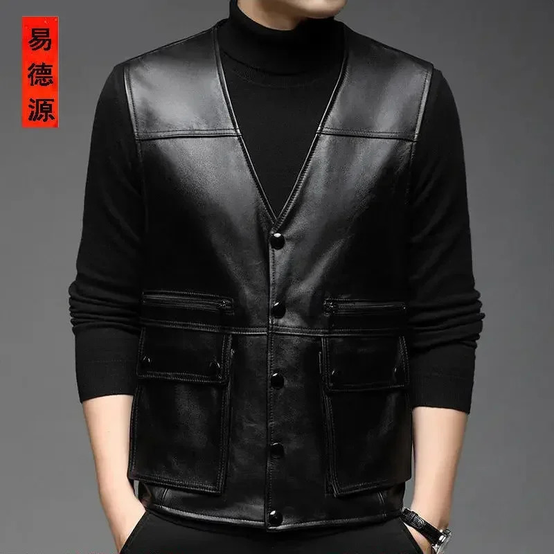 Genuine Leather Motorcycle Vest Mens sheepskin Waistcoat biker sleeveless jacket clothing chaleco bullet proof club vest 250725