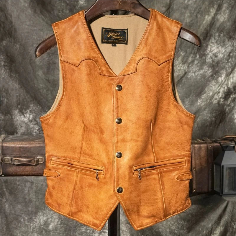 CC Shop Asian size100 natural sheepskin vestRetro Washed casual leather vestSlim fit Vintage genuine wear 250725