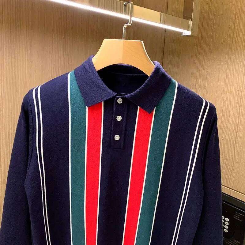 French Men Knitted Polo Shirts Long Sleeve Striped Turn-Down Collar T-Shirts Tops Slim Design