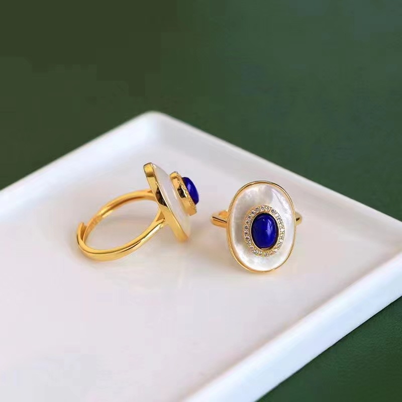 Luxurious Womens Accents: Modern Design Sterling Silver Ring Featuring Unique Shell-Inlayed Blue Gemstones