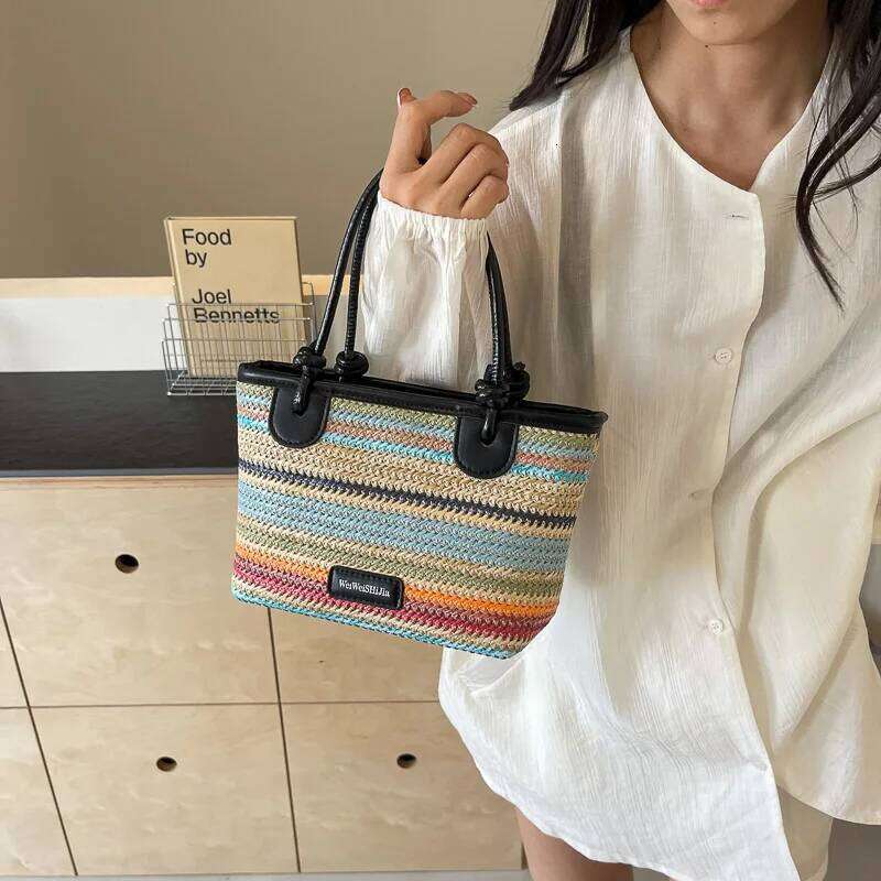 Women's Rainbow Color Summer Beach Straw Woven Top Handle Shoulder Crossbody Designer Bag