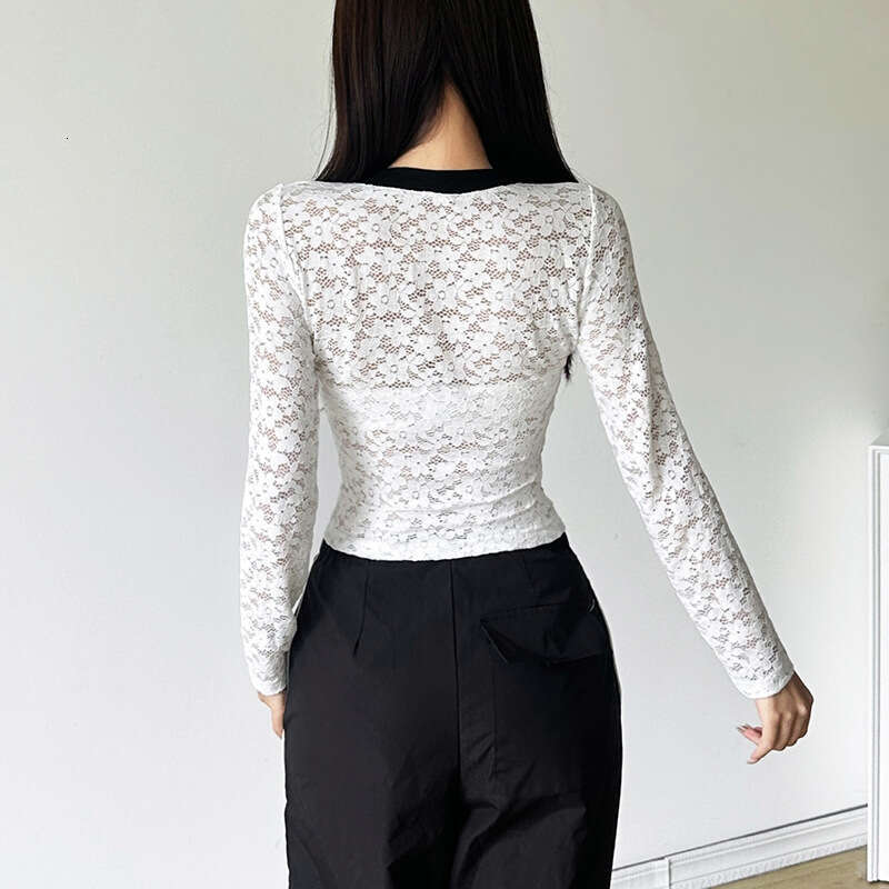 2024 Autumn New Women's Solid Color Slim Fit Crop Fashion V-neck Long Sleeve Printed Top for Women e60
