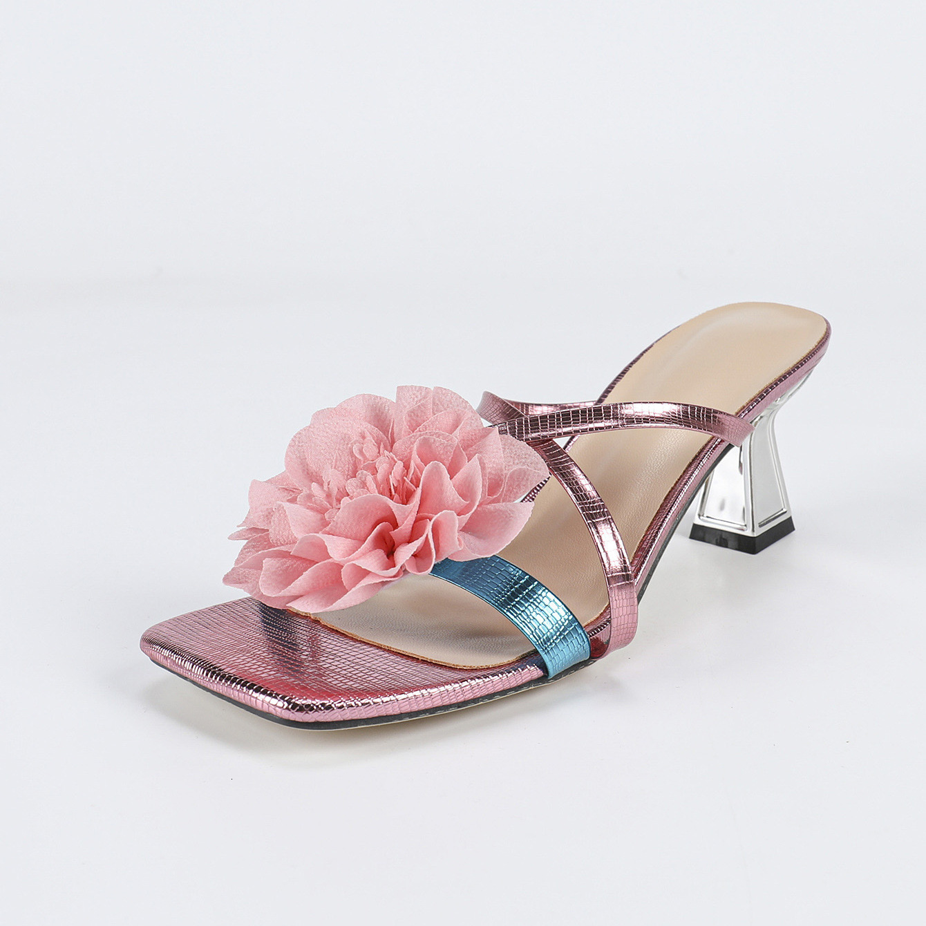 Designer sandals Square Toe Three-Dimensional Flower Lacquer Chunky Heel Sandals Women's Shoes Color Block Elegant Pink High Heels